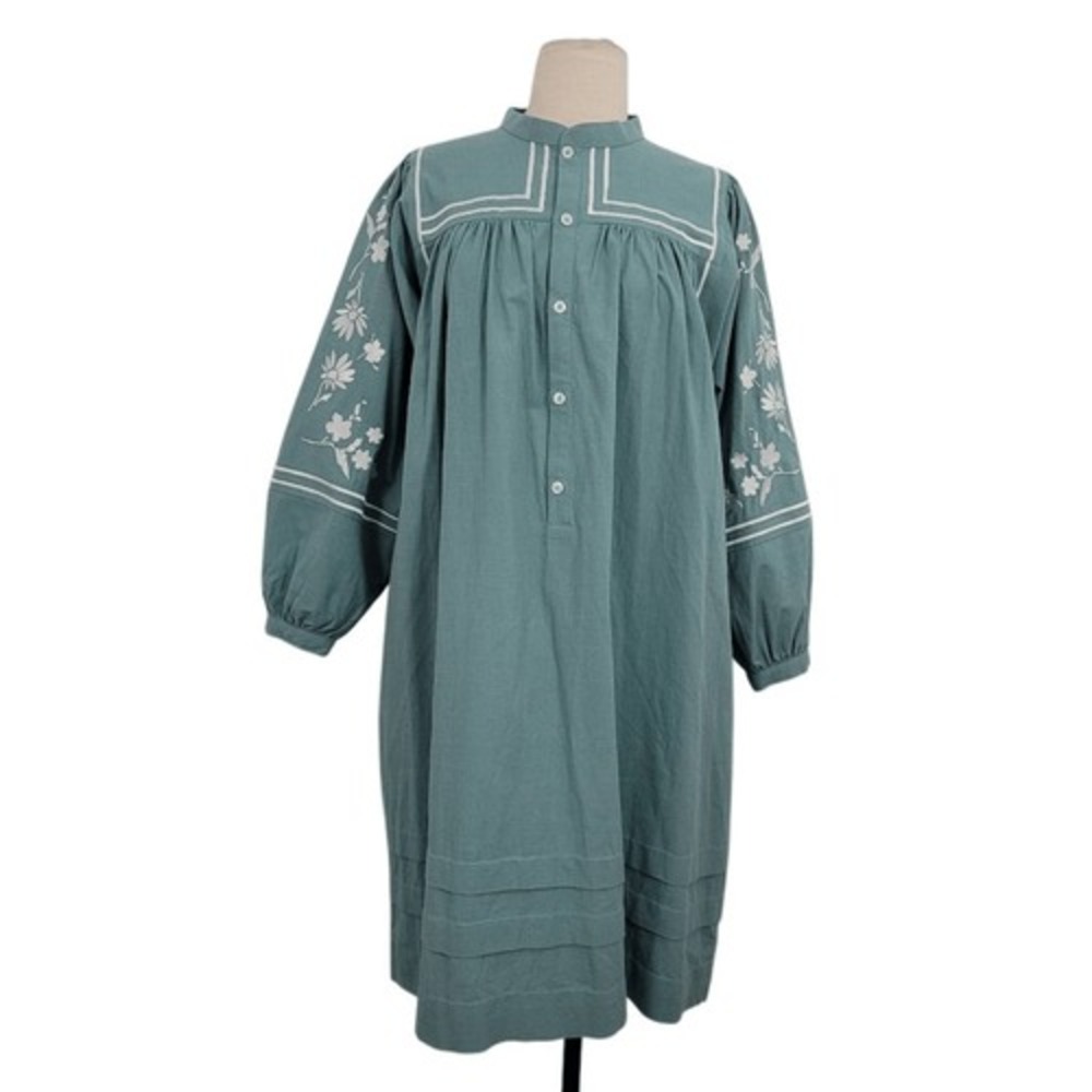 Sideline Floral Embroidered Dress‎ Sz S Teal Long Sleeve Minimalist Feminine